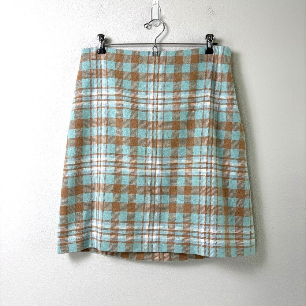 Talbots A Line Skirt‎ Womens Size 10 Blue Tan Plaid Side Zip Wool Blend Lined